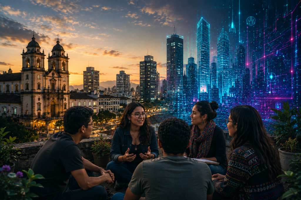 Personas conversando en un entorno urbano que representa la evolución de Guatemala hacia una sociedad moderna y conectada.