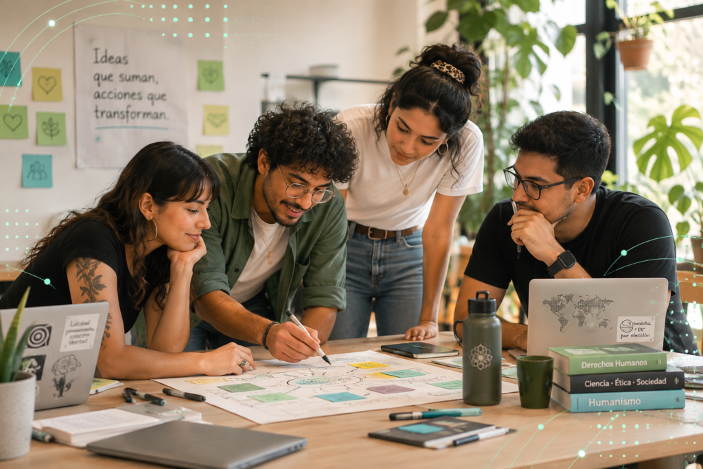 Jóvenes colaborando en equipo y desarrollando ideas para generar acciones de impacto social.