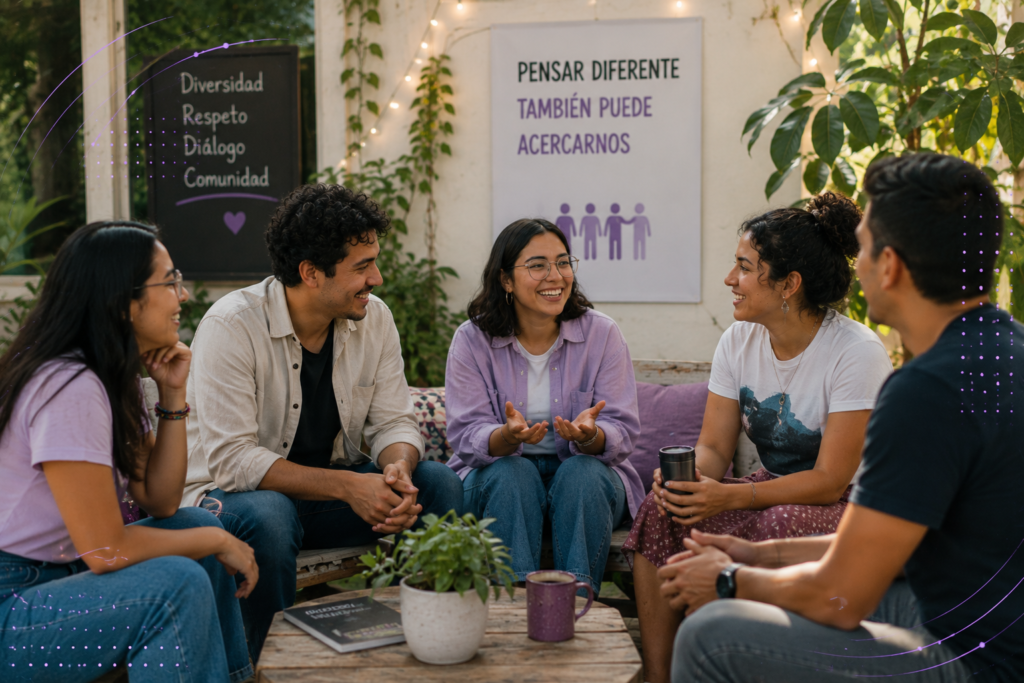 Jóvenes compartiendo ideas en un espacio de diálogo, diversidad y comunidad humanista.
